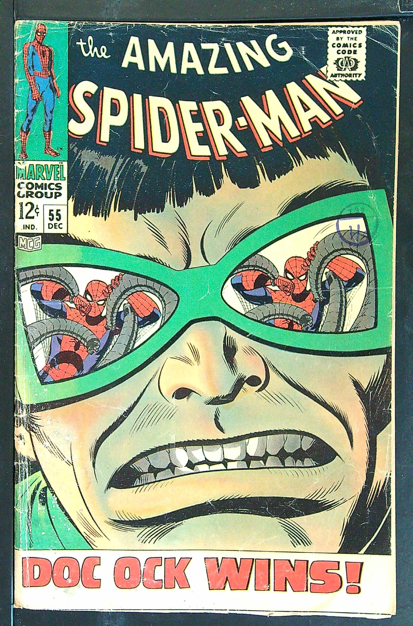 ACTUAL SCAN OF COMIC!<br>Distribution Stamp on Cover - See Scan Cover of Amazing Spider-Man (Vol 1) #55. One of 250,000 Vintage American Comics on sale from Krypton!