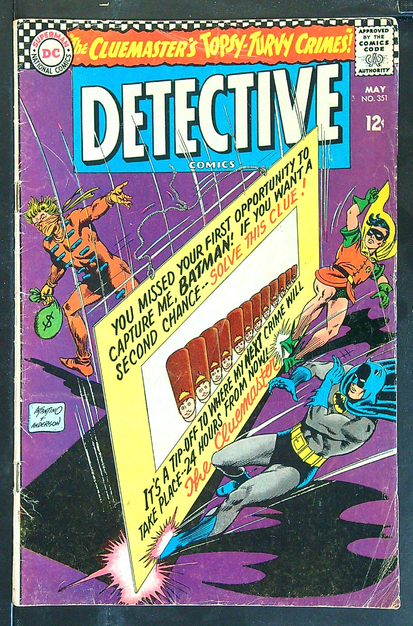 1st Cluemaster<br>ACTUAL SCAN OF COMIC!<br>Distribution Stamp on Cover - See Scan Cover of Detective Comics #351. One of 250,000 Vintage American Comics on sale from Krypton!