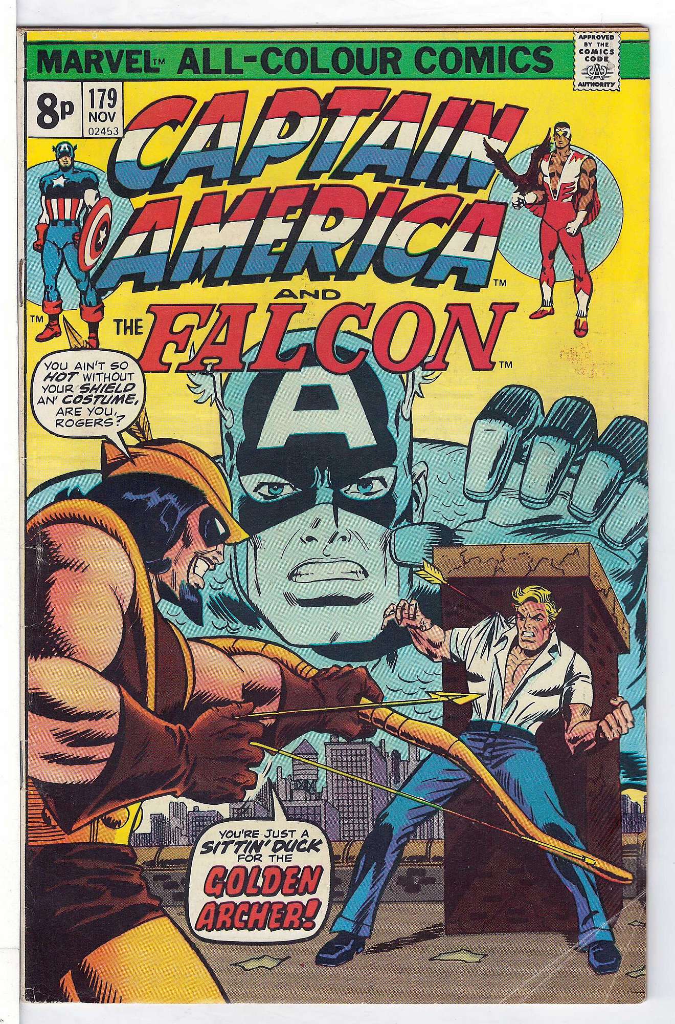 ACTUAL SCAN OF COMIC!<br>Creased Right Hand Edge - See Scan Cover of Captain America (Vol 1) #179. One of 250,000 Vintage American Comics on sale from Krypton!